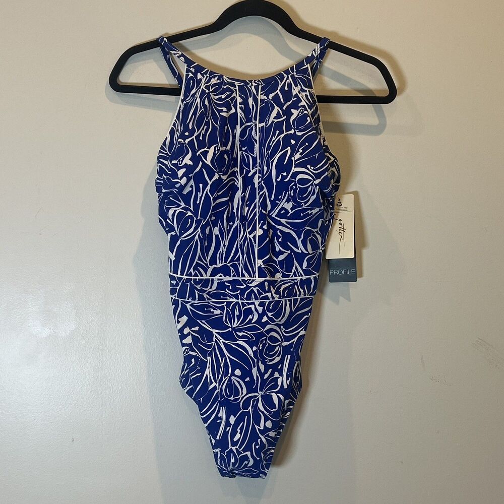 Gottex Tulip High Neck One Piece Swimsuit NWT Blue Floral E25182069 Size 8